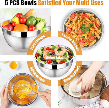 P&P CHEF Mixing Bowl with Lid Set, 5 Piece Stainless Steel Mixing Nesting Bowls for Salad Storage, 3 Grater Attachments & Non-Slip Bottoms, Size 1/1.5/2 / 2.6/4.6 QT, Black