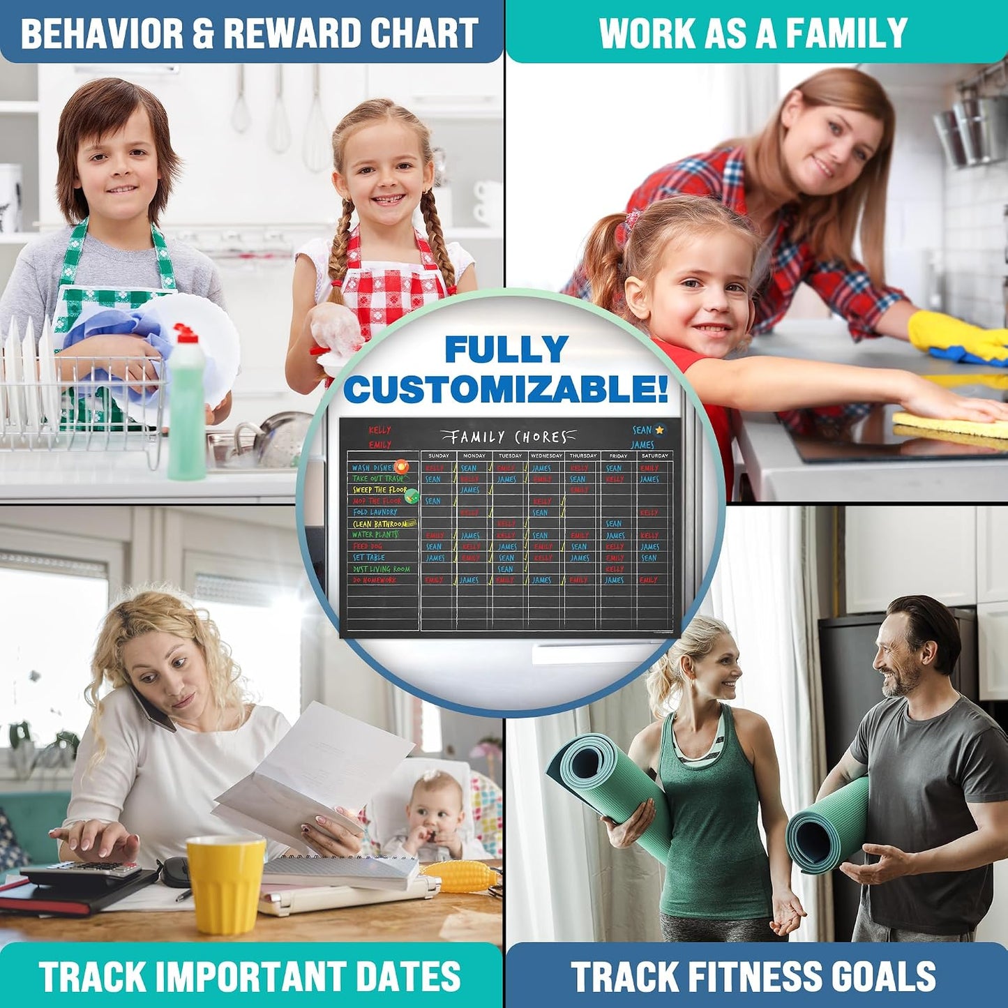 Magnetic Chore Chart & Calendar Set - 11" x 17", Weekly Menu Board & Meal Planner for Refrigerator - Reusable Dry Erase, Includes Markers & Eraser
