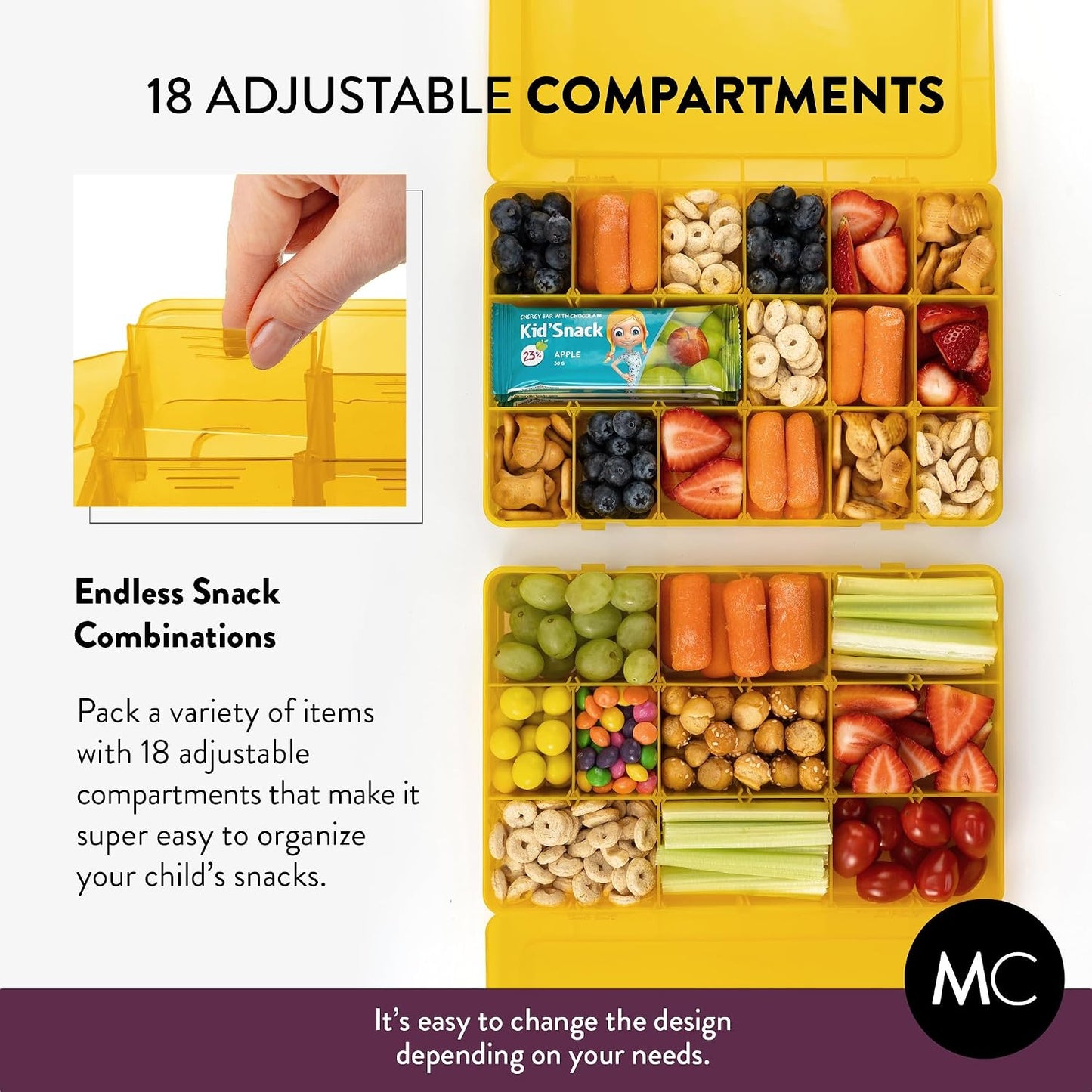 Large Kids Snack Box Containers Set of 2 -100 Labels, BPA-Free, Adjustable Compartments, Dishwasher Safe, Reusable Tray, Food Grade, Meal Prep Container, PARENT TESTED PARENT APPROVED AWARD (Clear)
