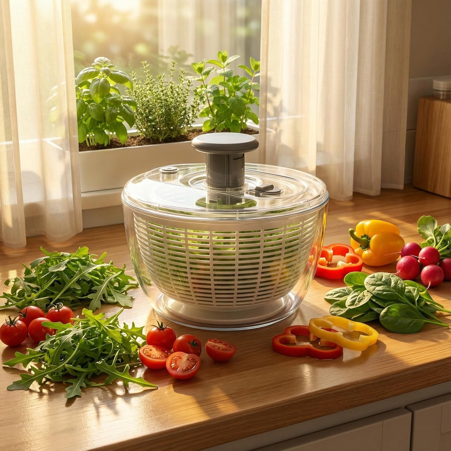 Le'raze Glass Salad Spinner with Airtight Lid - BPA-Free - Easy Pump Lettuce Spinner Washer | Fruit Washing Bowl with Strainer | Vegetable Cleaner | Large Capacity Borosilicate Glass, 6.22 Quart