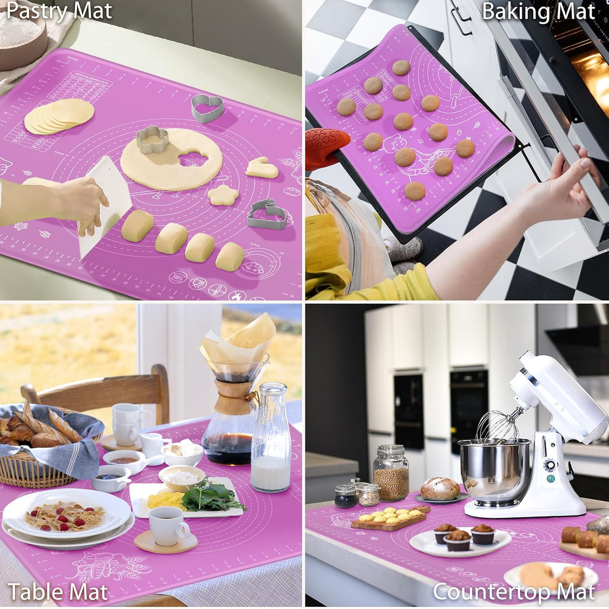 Silicone Baking Mat 28" x 20" Extra Thickness Dough Rolling Mat with Measurements and Edge Heightening, Non-stick Food Grade Silicone Pastry Mat for Pastry, Bread, Cookies, Pizza, Fondant, Pasta-Black