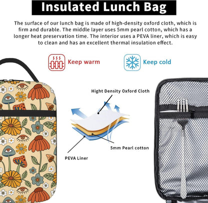 70s Retro Mushroom Floral Insulated Lunch Bag Reusable Cooler Lunch Box Portable Leakproof Thermal Container Tote Bags for Girls Boys School Travel