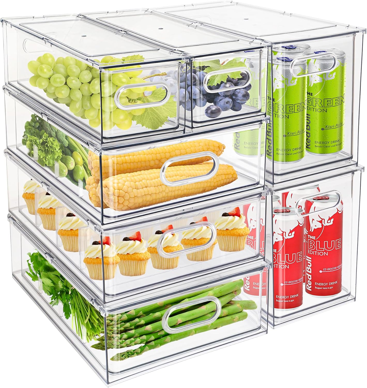 4Pack Stackable Refrigerator Organizer Bins Pull Out Drawer Large Vegetable Fruit Storage for Fridge Organizer Drawers with Handle Clear Food Storage Container Box for Kitchen Pantry Cabinet
