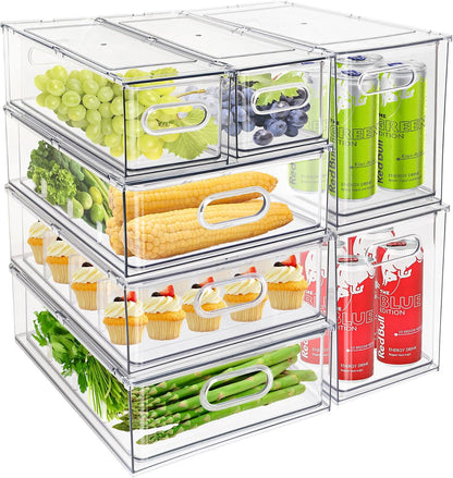 4Pack Stackable Refrigerator Organizer Bins Pull Out Drawer Large Vegetable Fruit Storage for Fridge Organizer Drawers with Handle Clear Food Storage Container Box for Kitchen Pantry Cabinet