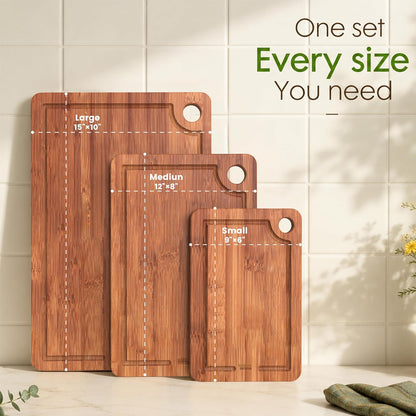 Bamboo Cutting Board for Kitchen, 3-Piece Wooden Cutting Board Set with Deep Juice Grooves, Side Handles, Non-Slip Mats, Reversible Chopping Boards for Meat, Veggies, Fruit, Cheese Serving