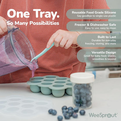 WeeSprout Silicone Freezer Tray with Clip on Lid Perfect Food Storage Container for Homemade Baby Food, Vegetable, Fruit Purees, and Breast Milk (Bright Blue, Six 3 Ounce Sections)
