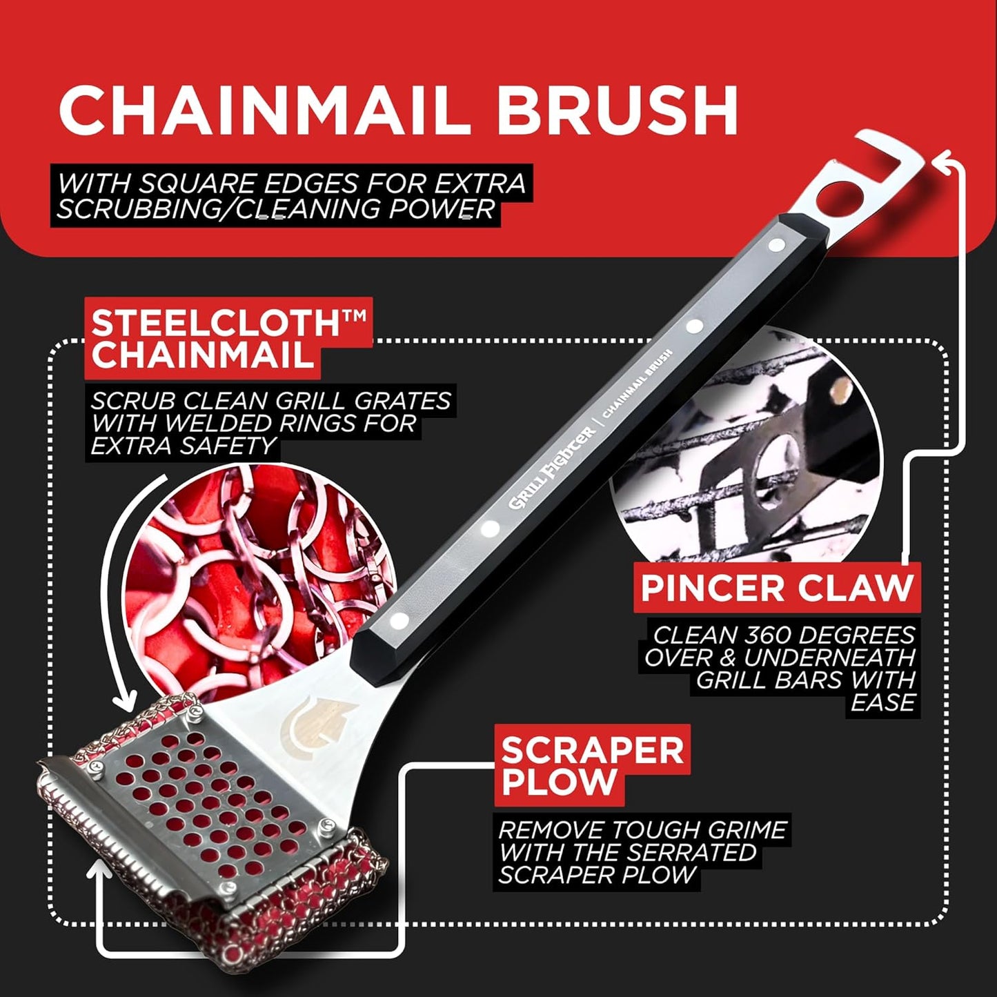 Grill Brush, Steel Bristle-Free BBQ Grill Cleaner with SteelCloth™ Stainless Steel Chainmail, Ergonomic Handle for Cast Iron, Stainless Steel & Porcelain-Coated Grates, 1 Pack