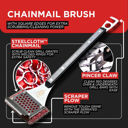 Grill Brush, Steel Bristle-Free BBQ Grill Cleaner with SteelCloth™ Stainless Steel Chainmail, Ergonomic Handle for Cast Iron, Stainless Steel & Porcelain-Coated Grates, 1 Pack