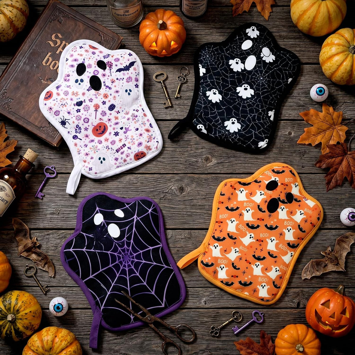 Fanfanwin 4 Pcs Halloween Ghost Pot Holders for Kitchen Cute Oven Hot Pads