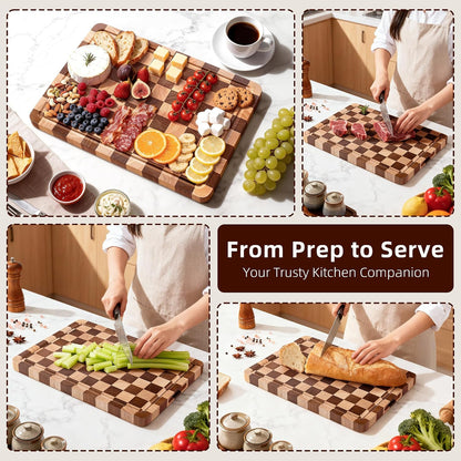 Cutting Board Set of 2 – Checkered Wood & Acrylic Cutting Board with Counter Lip for Kitchen Counter, Wood Checkerboard Chopping Board with Juice Grooves for Vegetables, Fruits, Meat