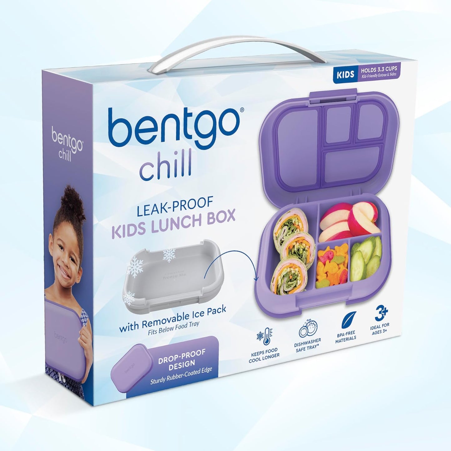 Bentgo Chill Kids Leak-Proof Lunch Box - 4-Compartment Bento Box with Built-In Ice Pack, 3.3 Cup Capacity, PFAS & BPA-Free, Microwave & Dishwasher Safe, Ideal Size for Ages 3 to 7 (Truly Teal)