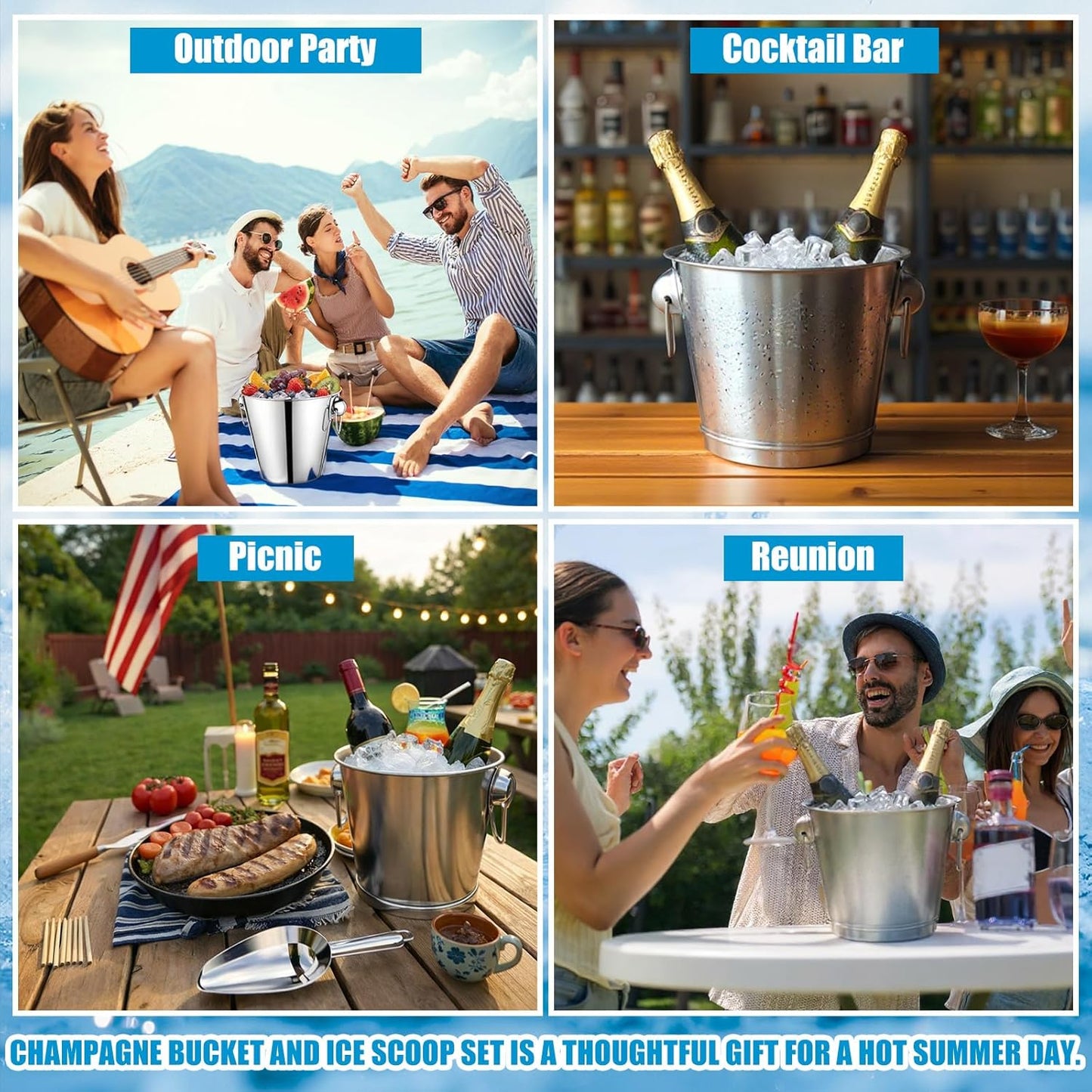meekoo 4 Pcs 4 Quart Champagne Bucket Wine Bucket Metal Ice Container with 1 Pcs 6 oz Ice Scoop and Handles Stainless Steel Drink Cooler Cocktails Wine Chiller Beer Tub for Bar Party BBQ Banquet