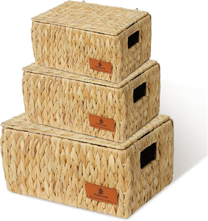 Storage Baskets for Shelves Set of 3, Open-Top Wicker Storage Bins with Handles, Shelf Organizer Baskets for Pantry, Closet & Bathroom, Water Hyacinth Baskets with Tissue Box Cover