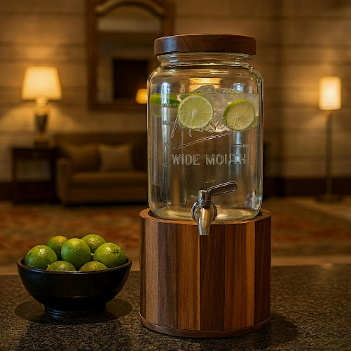 1 Gallon Glass Water & Lemonade Dispenser with Wooden Lid & Stand – Mason Jar Beverage Dispenser with Stainless Steel Spigot, Measurement Marks – Drink Server for Parties, Events, Home Use