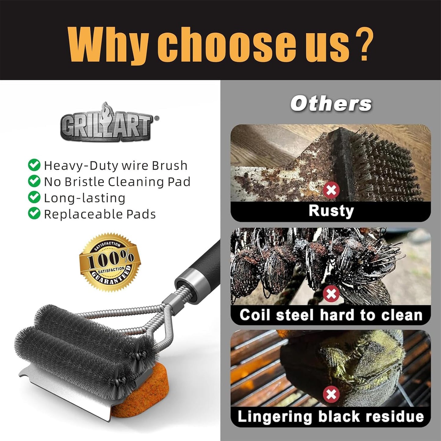GRILLART Grill Brush [Bristle Free Pad & Wire] Combined BBQ Brush, Safe & Powerful Grill Cleaning Brush - 18" Grill Cleaner Brush Scrubber for Gas/Porcelain/Charbroil Grates – Gifts for Men/Dad