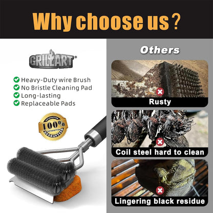 GRILLART Grill Brush [Bristle Free Pad & Wire] Combined BBQ Brush, Safe & Powerful Grill Cleaning Brush - 18" Grill Cleaner Brush Scrubber for Gas/Porcelain/Charbroil Grates – Gifts for Men/Dad