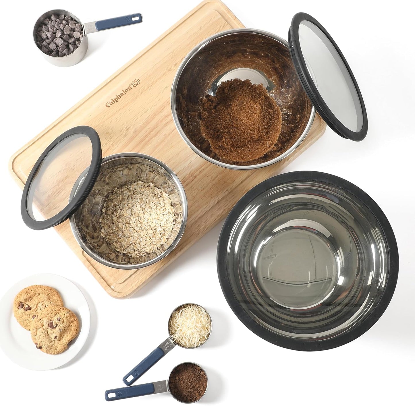 Calphalon Mixing Bowl Set, Stainless Steel Mixing Bowls With Lids, 3-Piece Stainless Steel Mixing Bowls with Glass Lids & Non-Slip Silicone Base, Prep and Storage Bowls Dishwasher Safe