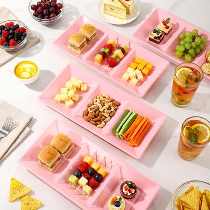 Ziliny 20pcs Black 3 Section Serving Tray Bulk Serving Dish Compartment Appetizer Tray Plastic Dessert Platter Divided Disposable Plate for a Tini Bit Older Party