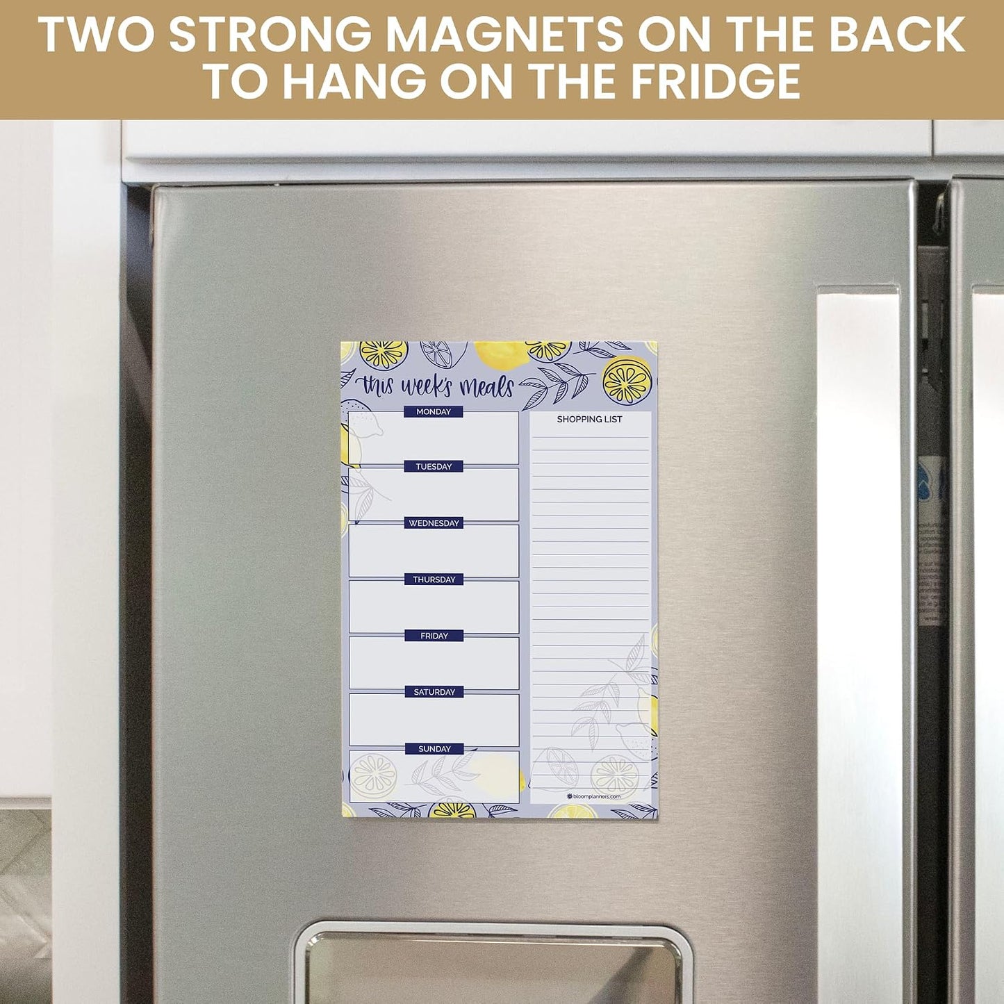 bloom daily planners Weekly Meal Planning Pad - Magnetic Hanging Refrigerator Menu Planner with Tear-Off Sheets & Perforated Grocery Shopping Lists - 6” x 9” (Grey & Pink)
