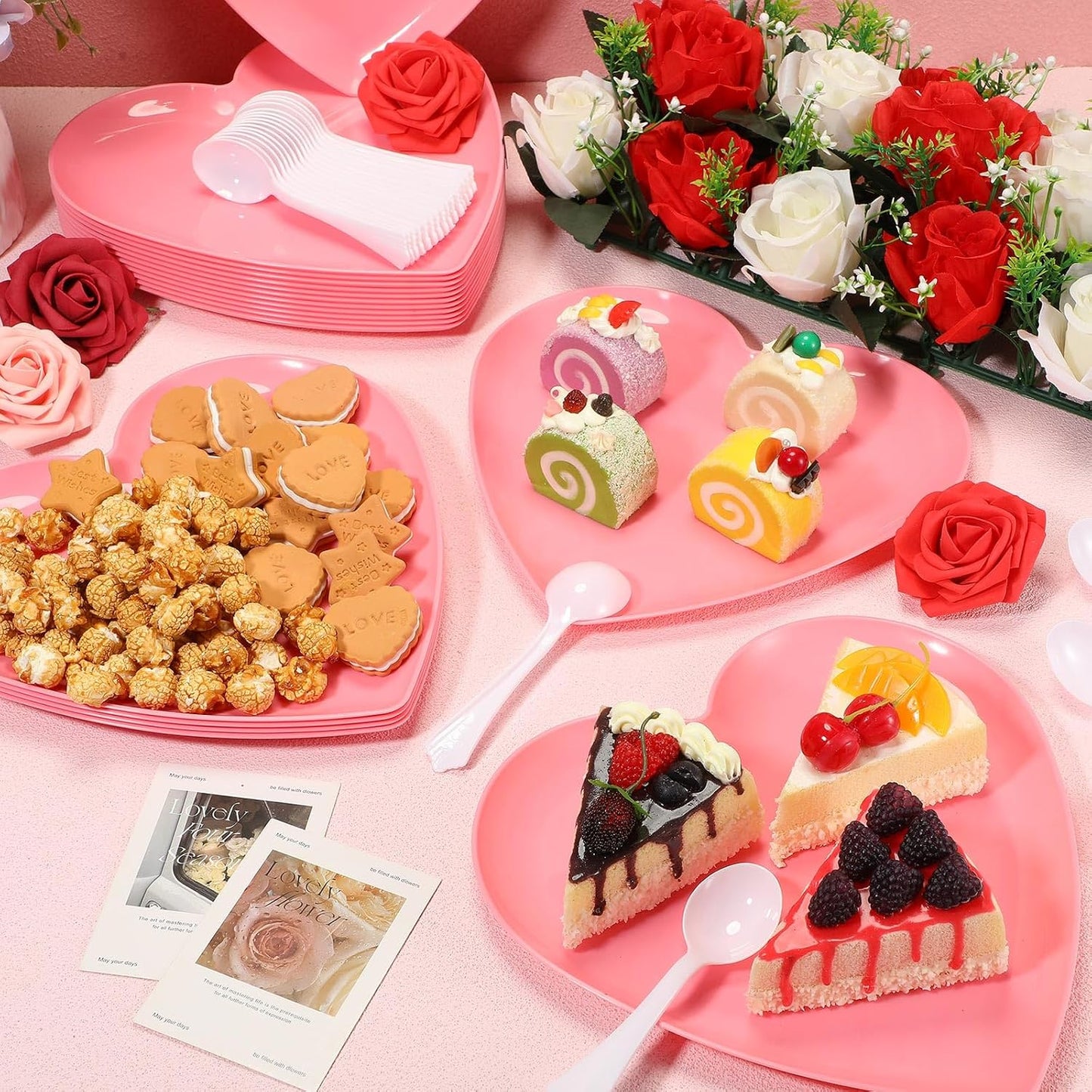 Layhit 38 Pieces Valentines Heart Shaped Plates Spoon Set Include 18 Pcs 10 Inch Valentines Day Heart Shaped Food Tray 20 Pcs Plastic Spoon Salad Dessert Plate for Party Supplies(Red)