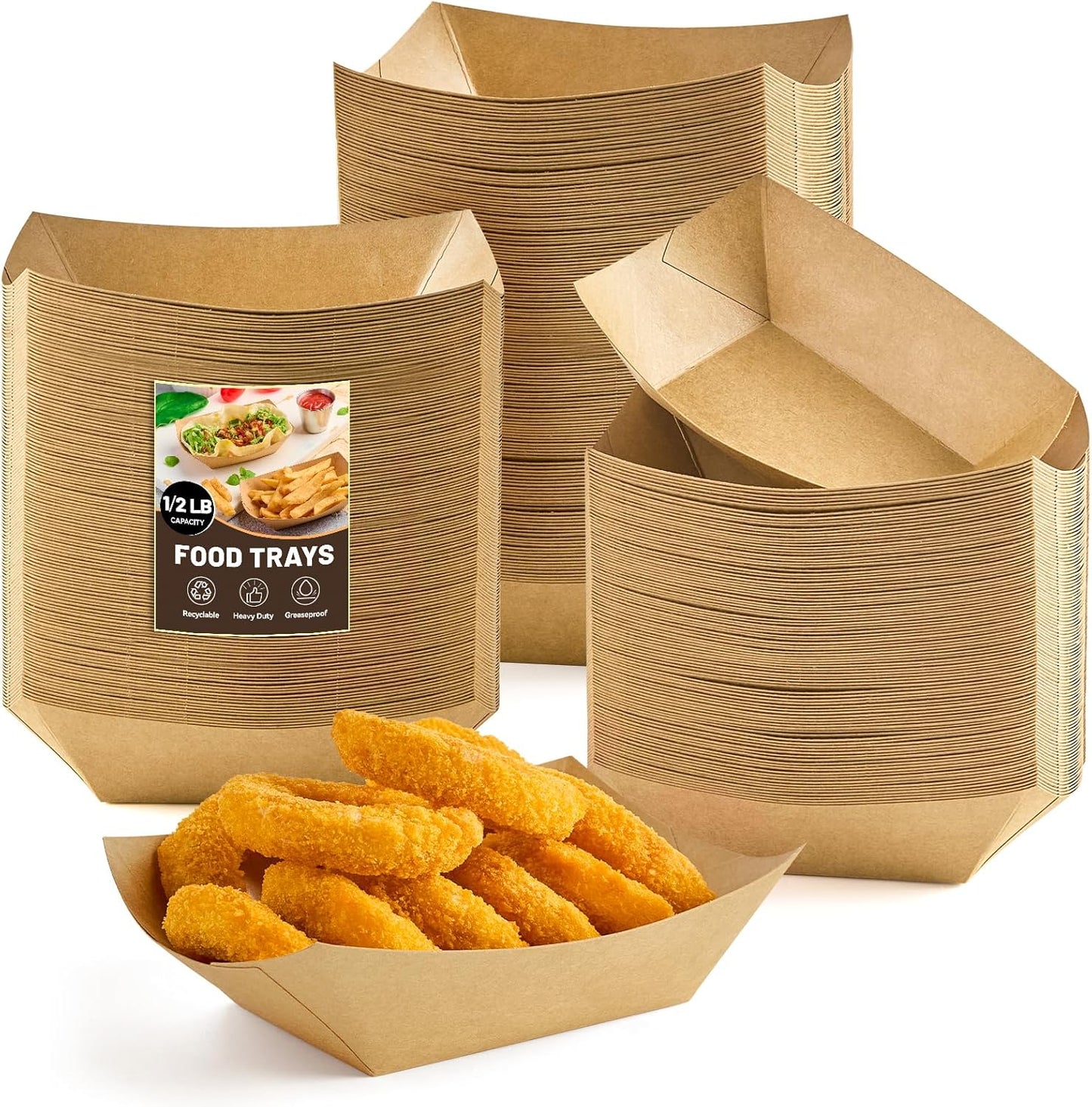 ZORRITA 2 Lb Paper Food Trays - 100 Pack Disposable Nacho Trays Brown Food Boats Take Out Basket Holders for Serving Party Snacks Hot Dogs Tacos Fries