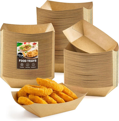 ZORRITA 2 Lb Paper Food Trays - 100 Pack Disposable Nacho Trays Brown Food Boats Take Out Basket Holders for Serving Party Snacks Hot Dogs Tacos Fries