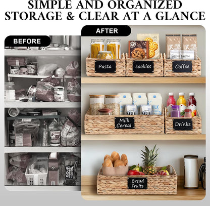Set of 4 Sizes Hand-Woven Pantry Shelf Baskets, Hyacinth Storage Baskets with Chalkboard Labels & 2 Chalk Markers, Wicker Nestable Basket Set for Organizing Pantry Kitchen Laundry Shelves (Brown)