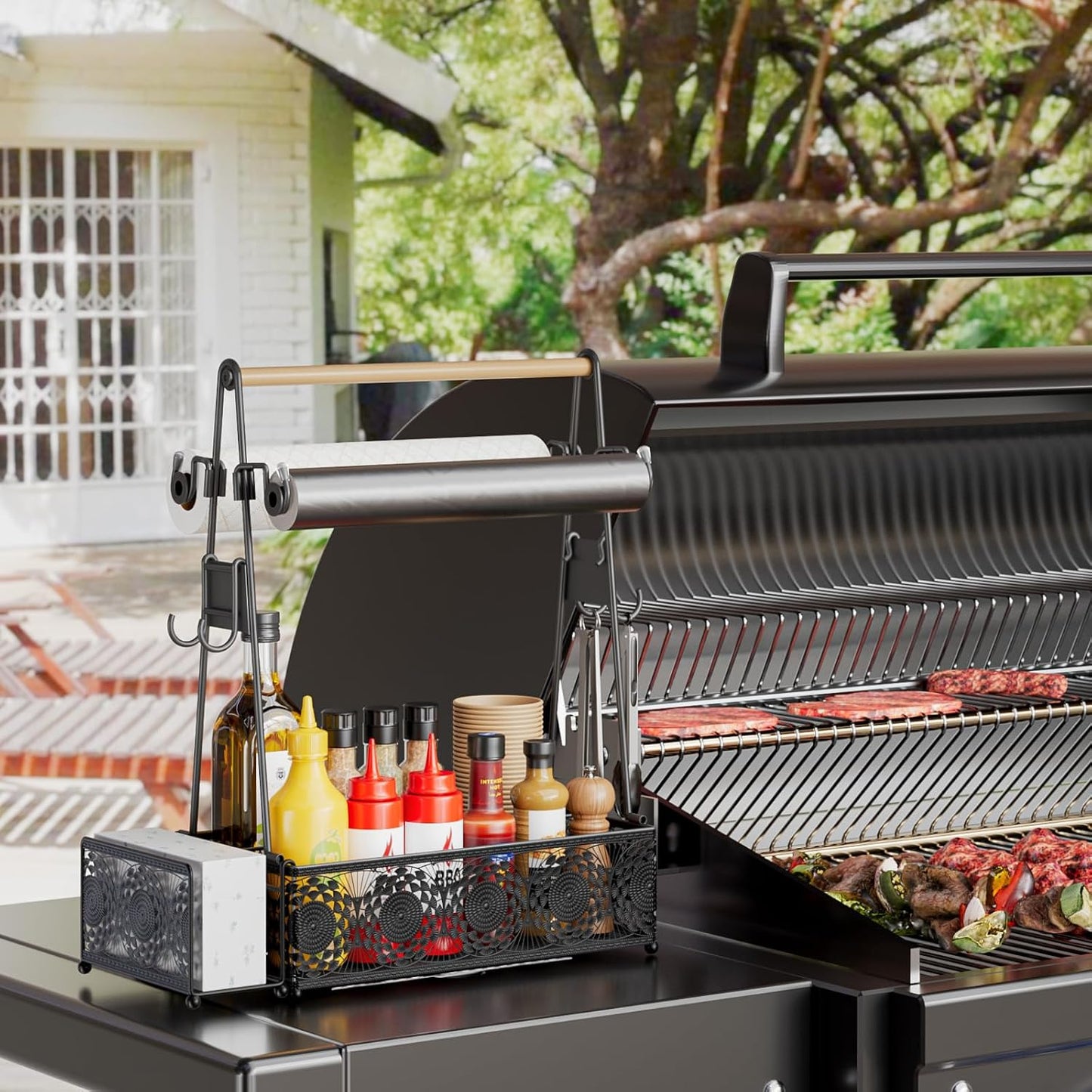 EKNITEY Outdoor Grill Caddy Organizer: Camping Kitchen Accessories Rack With Paper Towel - Utensil Condiment Storage For Patio Camper BBQ Party RV