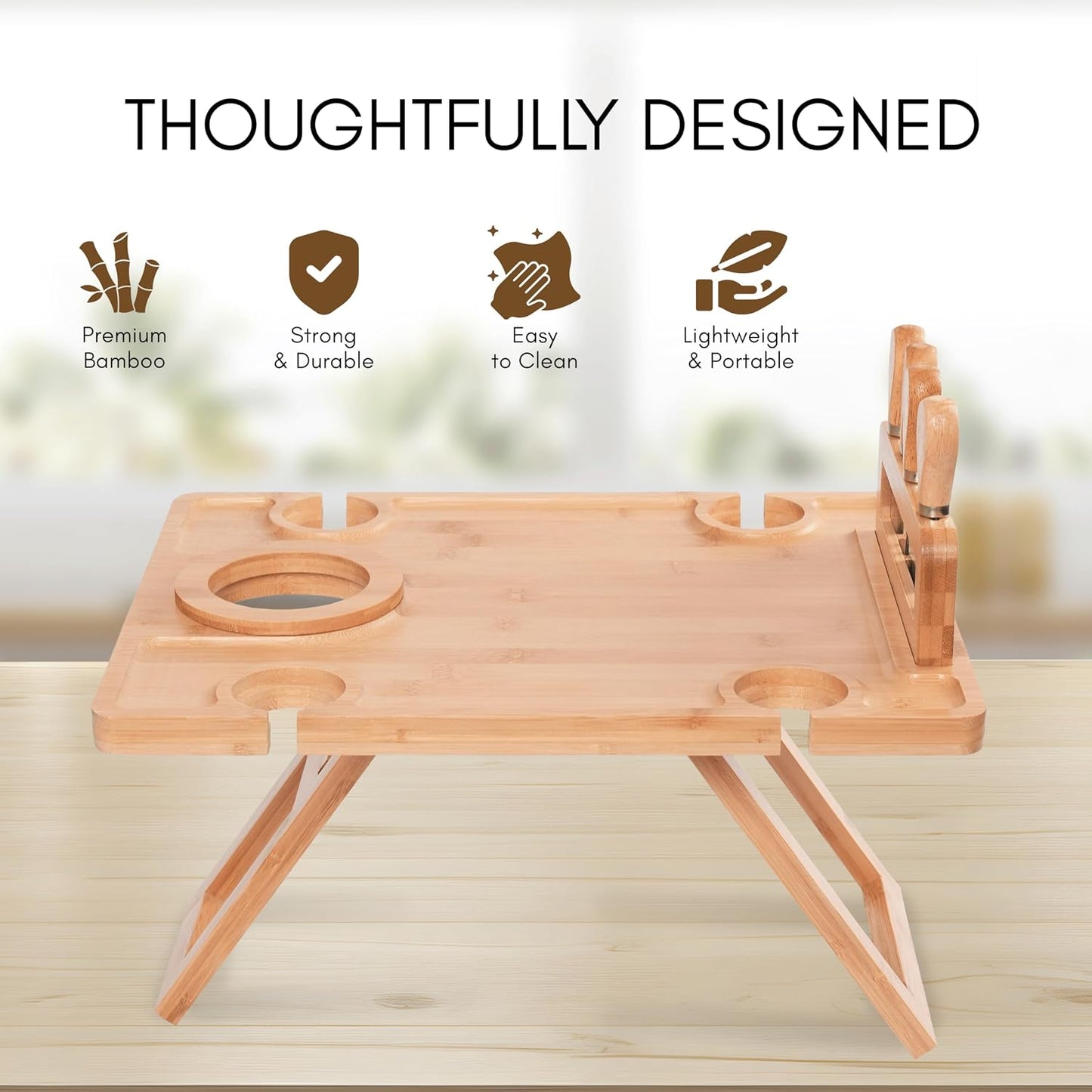 Charcuterie Picnic Table with Wine Glass Holder, Portable Wine & Cheese Board, 4-Piece Cheese Knife Set (Gold) w/Detachable Knife Stand, Bamboo Charcuterie Table, Hosting & Wine Gift