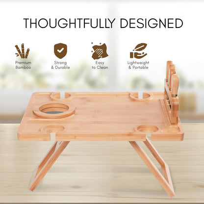 Charcuterie Picnic Table with Wine Glass Holder, Portable Wine & Cheese Board, 4-Piece Cheese Knife Set (Gold) w/Detachable Knife Stand, Bamboo Charcuterie Table, Hosting & Wine Gift