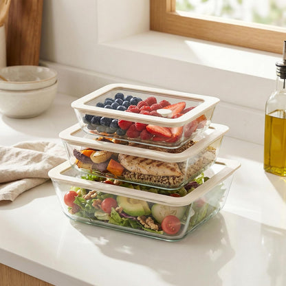 Urban Green Glass Food Container Set with Glass Lid, 3 Pack, Food Storage Containers Set, Airtight, LeakProof, 100% Plastic Free, Meal Prep Containers (White Color)