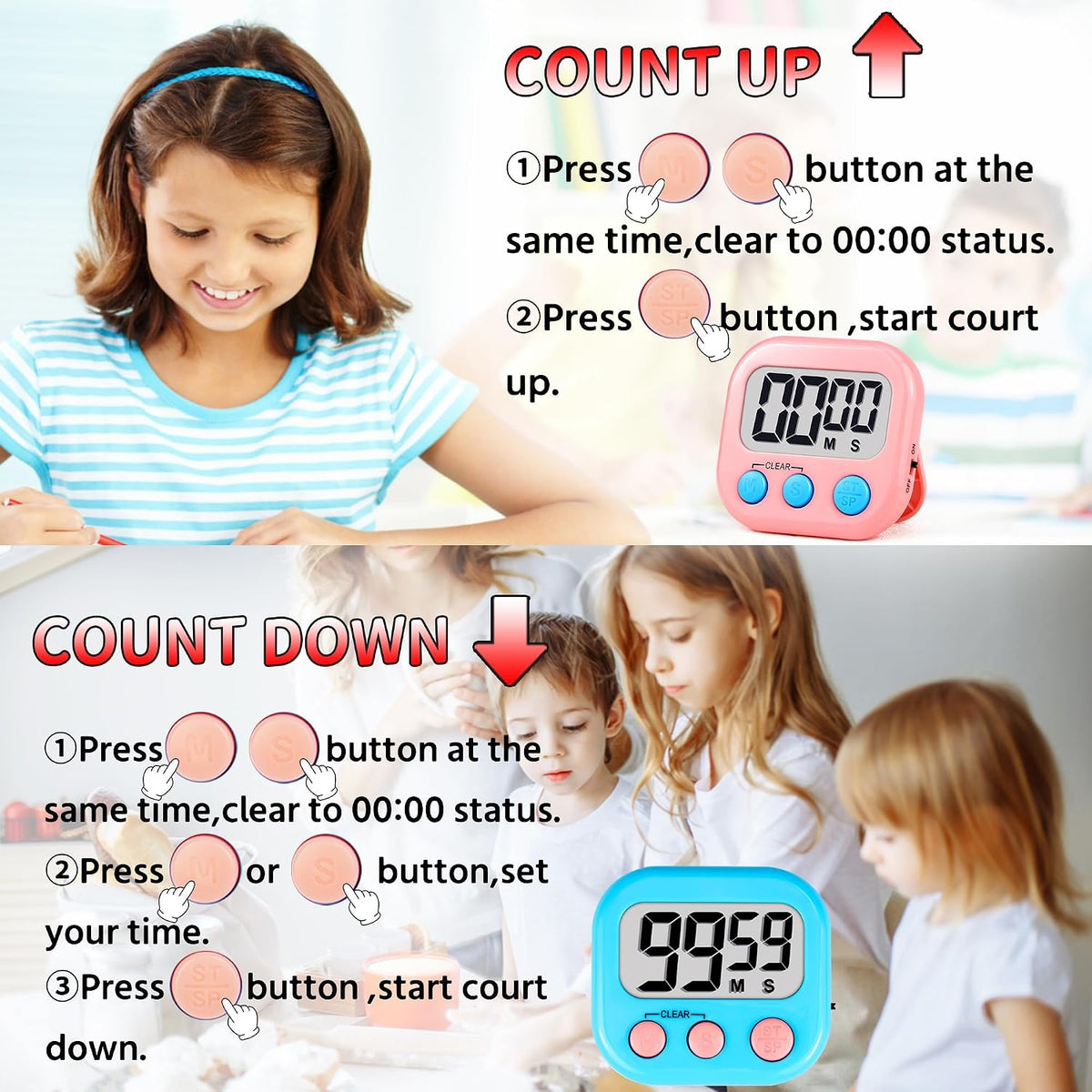 Timer for Kids Digital Kitchen Timers for Cooking- White Pink