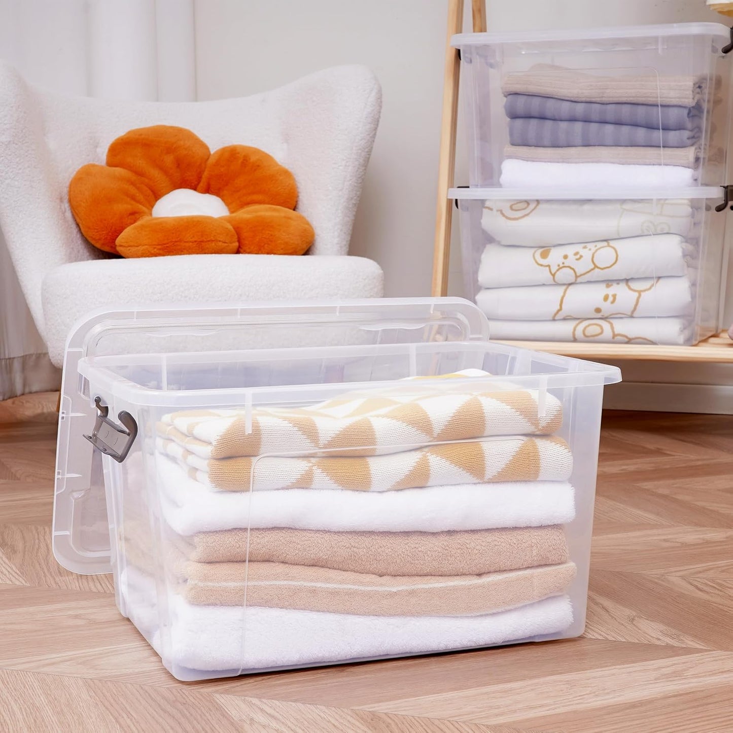 Citylife 32 QT Plastic Storage Bins with Latching Lids Stackable Storage Containers for Organizing Large Clear Storage Box for Garage, Closet, Kitchen, 4 Packs