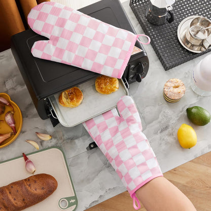 Ohocut Navy Blue Checkered Oven Mitts Heat Resistant, Vintage Retro Checkerboard Cute Oven Mitts, Non-Slip Silicone Kitchen Oven Gloves, 2-Pack Set, 7''x13''