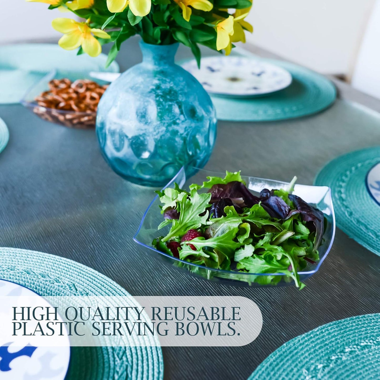 PLASTICPRO Disposable Square Serving Bowls, Party Snack or Salad Bowl, Plastic Clear or White Pack of 4 (16 OUNCE, White)