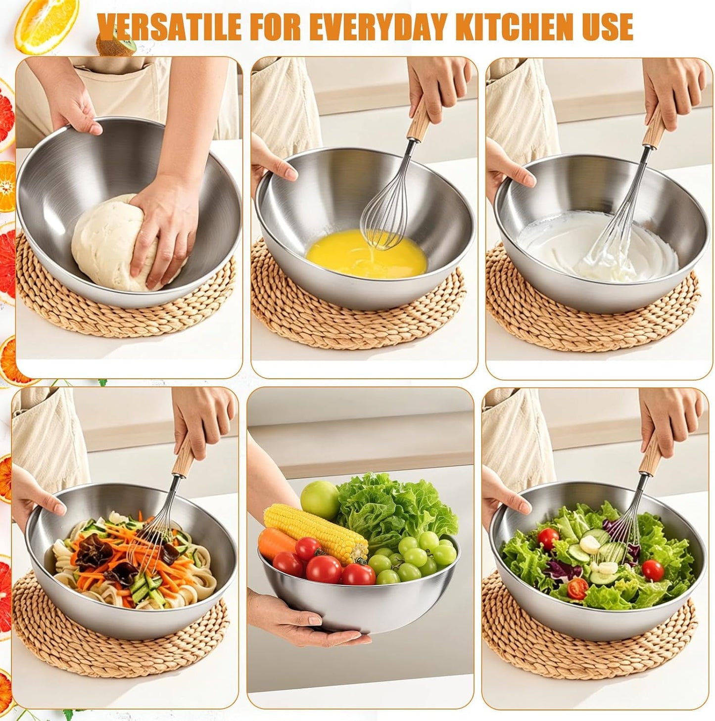 TINSKY 3 Pcs Stainless Steel Mixing Bowls Set Food Grade 304 Metal Nesting Prep Bowls for Kitchen Cooking Baking Salad, Dishwasher Safe (1.5, 2.2, 3.4 Qt)