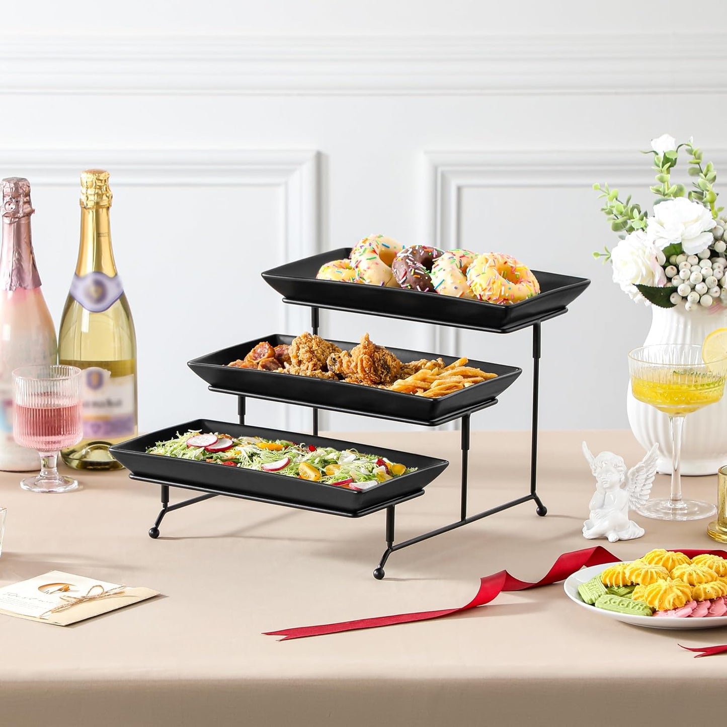 MALACASA 3 Tier Serving Trays for Party, Porcelain Serving Platters and Trays, 12 Inch Tiered Tray Stand, Fruit Tray, Trays for Serving Food, White Dessert Stand with Collapsible Sturdier Metal Rack
