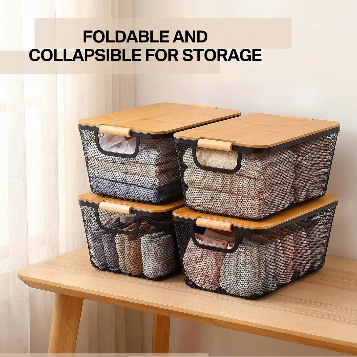 Geelin 4 Pcs Metal Wire Basket with Wooden Handles and Bamboo Lids 12.2 x 8.27 x 5.51 Mesh Steel Basket Stackable Storage Bins Organizer Containers for Vegetables Fruit Home Cabinet Pantry(White)