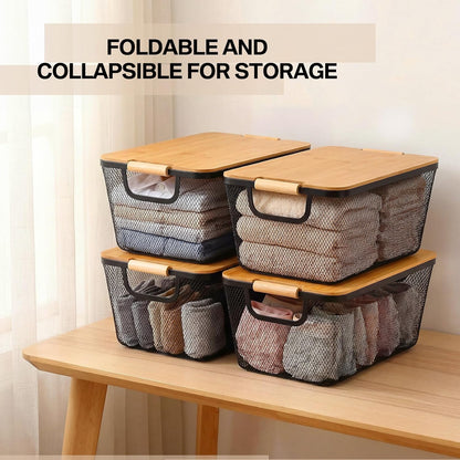 Geelin 4 Pcs Metal Wire Basket with Wooden Handles and Bamboo Lids 12.2 x 8.27 x 5.51 Mesh Steel Basket Stackable Storage Bins Organizer Containers for Vegetables Fruit Home Cabinet Pantry(White)