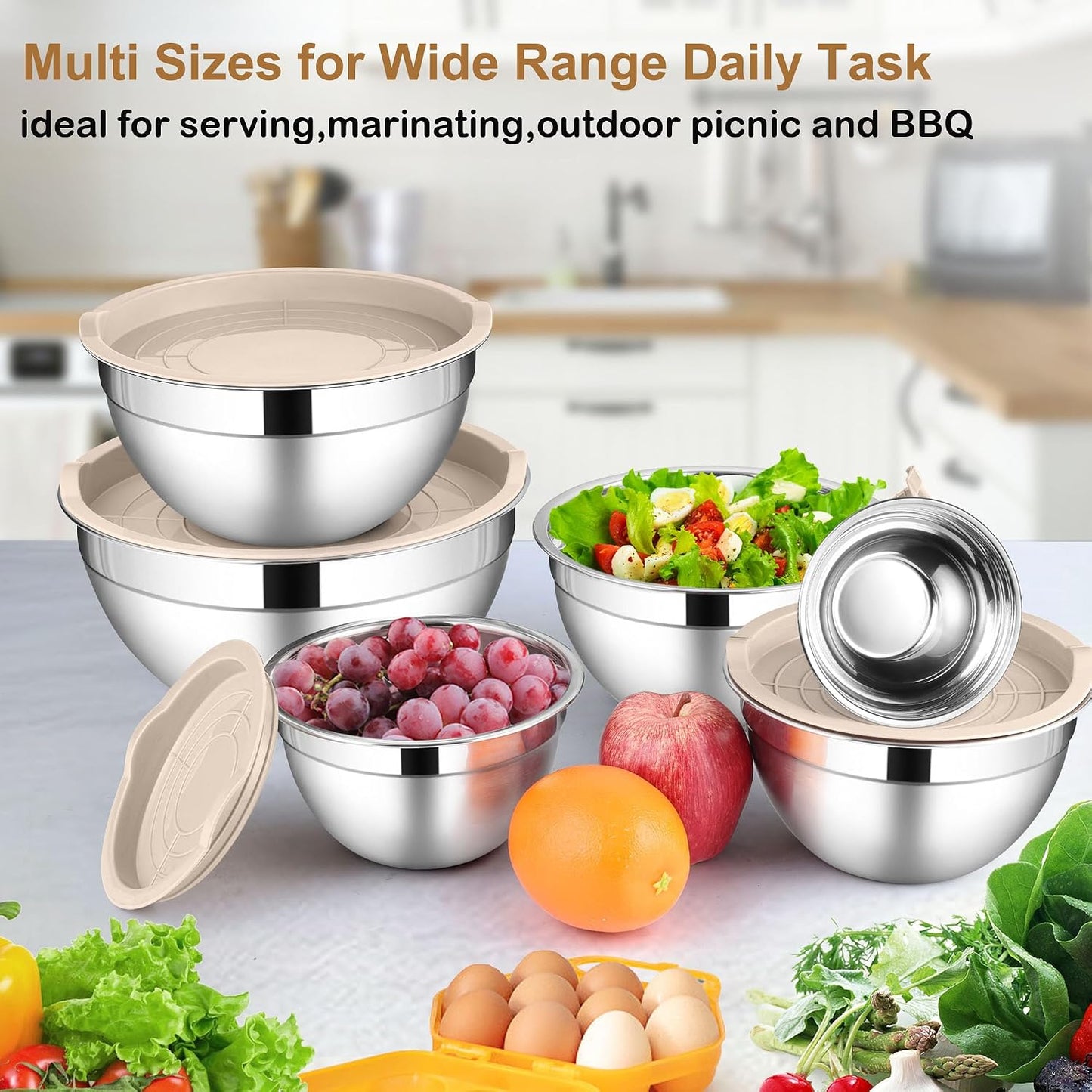LIANYU Stainless Steel Mixing Bowls Sets of 6, Large 7, 3.5, 2.5, 2, 1.5, 1QT Size with Transparent Airtight Lids, Metal Nesting Serving Bowl Sets for Home Kitchen, Dishwasher & Freezer Safe, Black