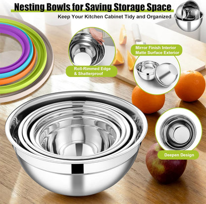 E-far Mixing Bowls Set of 5, Stainless Steel Salad Mixing Bowl with Transparent Lid, Metal Nesting Bowl Attach with 3 Graters for Kitchen Prepping/Serving/Baking/Storage, 4.6/2.6/1.5/1/0.7 QT - Black
