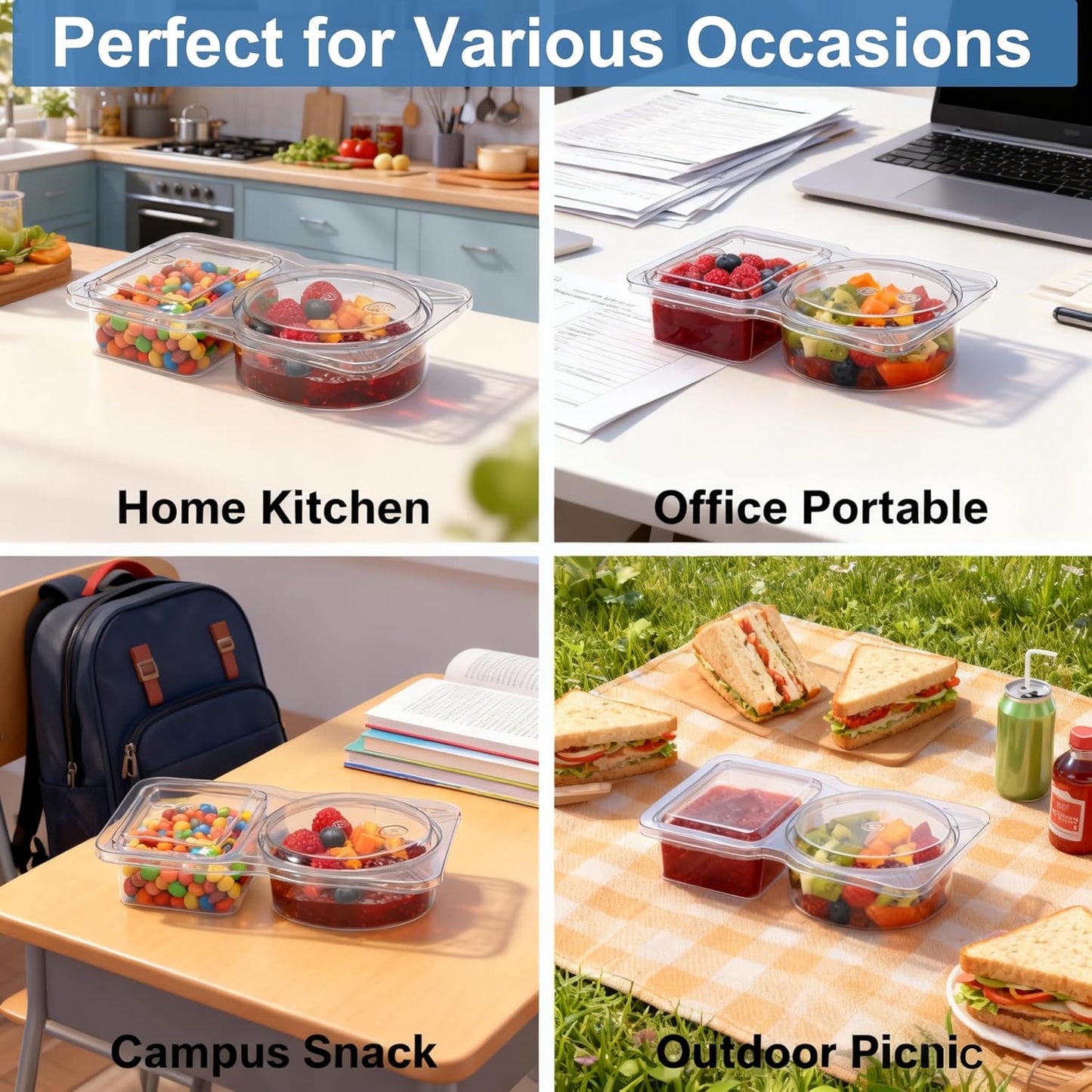 20 Pack Reusable Snack Containers with Lids, Double Compartment Snack Containers for kids & Adults -2 Compartment Condiment Containers, Dishwasher & Microwave Safe, for Portion Control, Meal Prep