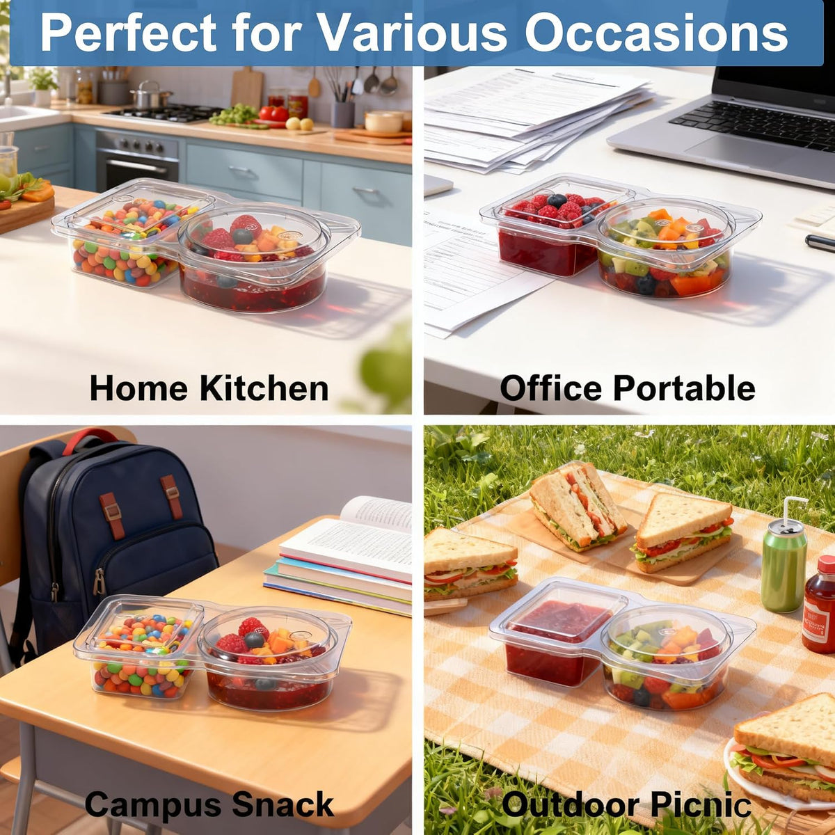 20 Pack Reusable Snack Containers with Lids, Double Compartment Snack Containers for kids & Adults -2 Compartment Condiment Containers, Dishwasher & Microwave Safe, for Portion Control, Meal Prep