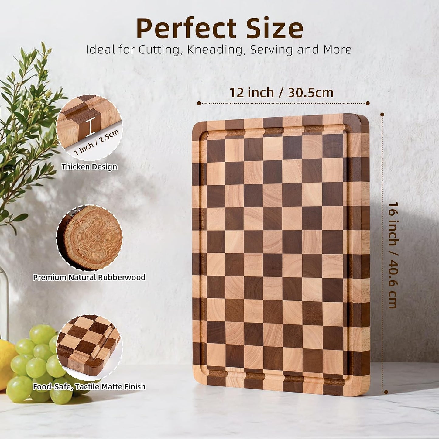 Checkered Cutting Board Set for Kitchen - 3 PCS Solid Wood End Grain Checkerboard Chopping Board with Holder & Juice Groove, Wooden Cutting Boards for Meat, Vegetables, Fruits (S, M, L)