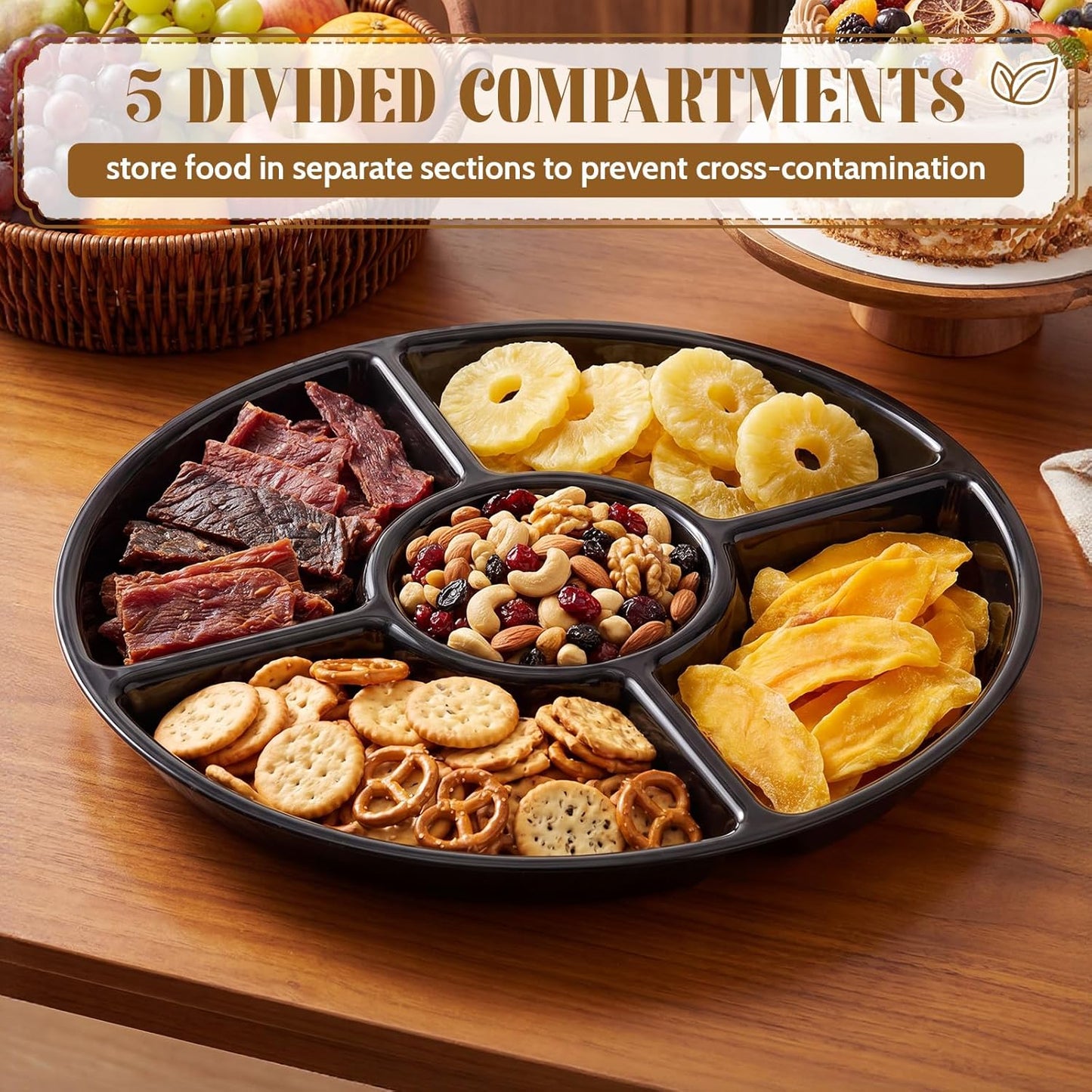 24 Pcs 5 Sectional Plastic Divided Serving Trays Bulk 12 Inch Round Chip and Dip Plates Fruit Veggie Appetizer Platter Snack Tray for Holiday Party Family Gathering(Black)