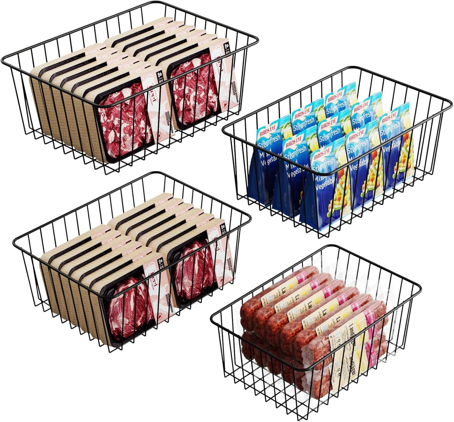 iSPECLE Freezer Organizer Bins - 4 Pack Upright Freezer Baskets for 17/21 Cu.Ft Stand Up Freezer, Wire Storage for Reach-In Freezer, Slide-Out Access, Prevents Items Falling, 2 Large 2 Medium, White