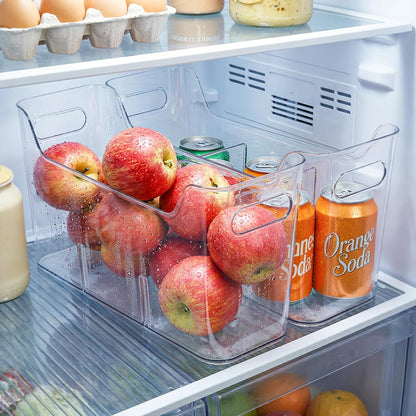 4 Pack Tall Narrow Clear Bins, Slim Pantry Freezer Organizer Bins with Removable Divider, Stackable Plastic Storage Containers with Handle for Kitchen Cabinet Closet Bathroom