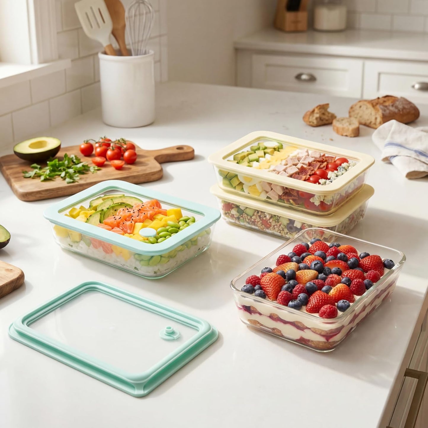 Urban Green Glass Food Container Set with Glass Lid, 5 Pack, Meal Prep Containers with Silicone Framed Airtight Lid, Leakproof, 100% Plastic Free