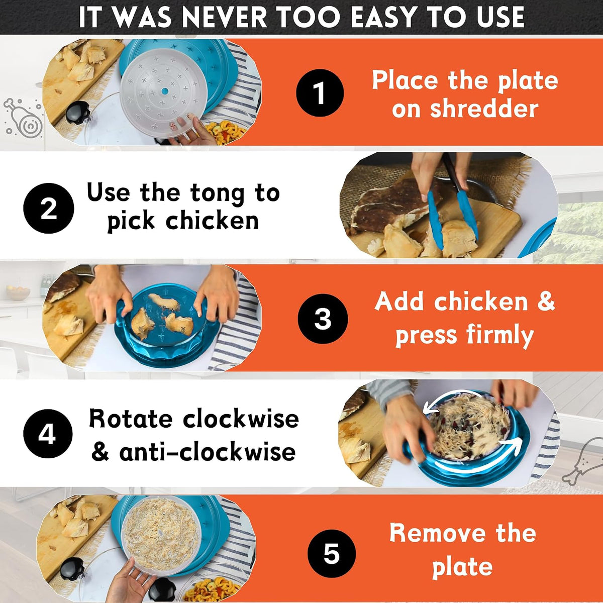 Chicken Shredder Tool Twist Large – 10.2 Inch Non Slip Meat Shredder with Removable Tray- BPA Free, Dishwasher Safe, Heat Resistant Chicken Breast Shredder with Handle & Serving Tong