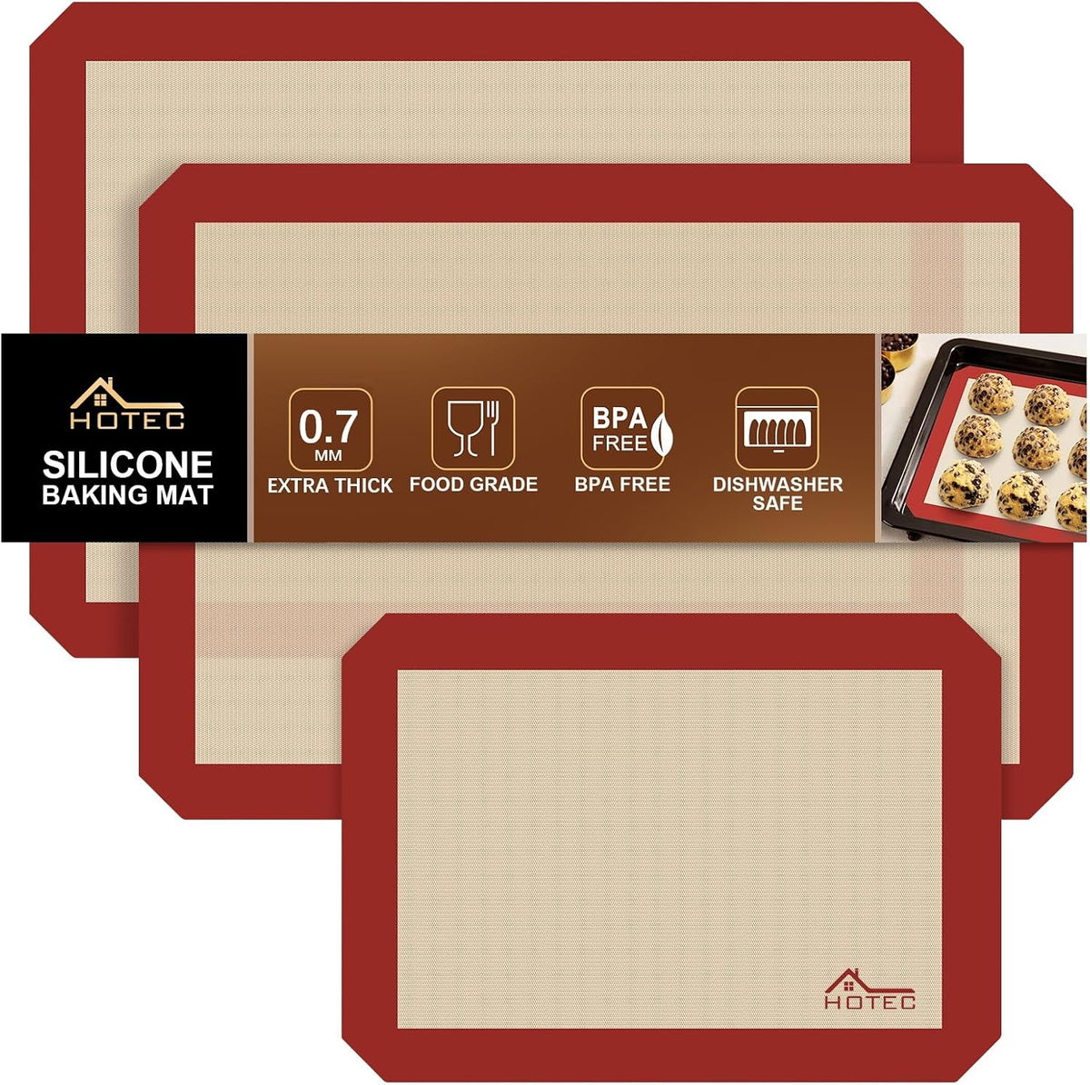 HOTEC Silicone Baking Mats 3 Pack – Non-Stick Reusable Silicone Baking Sheets for Oven – Cookie & Macaron Mats – 2 Half Sheet + 1 Quarter Sheet – BPA-Free, Dishwasher Safe